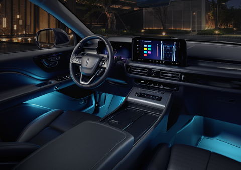 Deep blue ambient lighting glows from various places within a 2025 Lincoln Aviator® SUV. | Courtesy Lincoln in Altoona PA