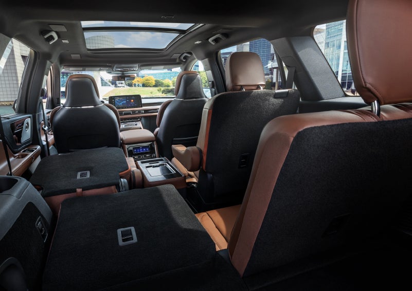 The interior of the 2025 Lincoln Aviator® SUV is shown with two seats folded down for added space. | Courtesy Lincoln in Altoona PA