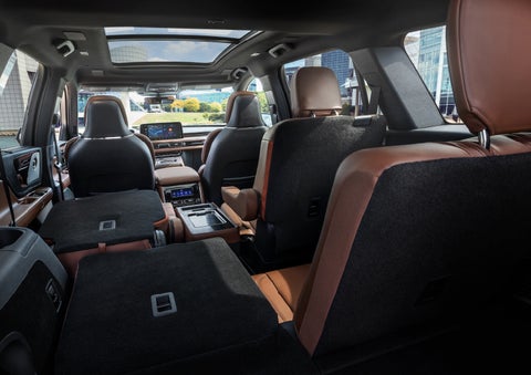 The interior of the 2025 Lincoln Aviator® SUV is shown with two seats folded down for added space. | Courtesy Lincoln in Altoona PA