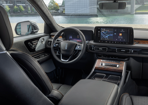 The interior of the 2025 Lincoln Aviator® SUV is shown parked with a view of a harbor through the windshield. | Courtesy Lincoln in Altoona PA