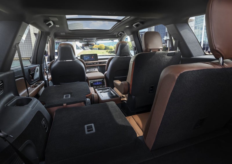 One side of the PowerFold® third-row seat and a second-row seat are folded forward in the 2026 Lincoln Aviator® SUV. | Courtesy Lincoln in Altoona PA