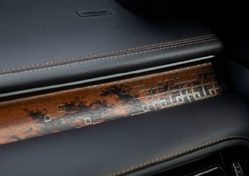 A close-up shot of the 2026 Lincoln Aviator® dashboard with unique black and brown accents and brown stitching. | Courtesy Lincoln in Altoona PA