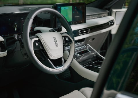 The leather-trimmed steering wheel of a 2027 Lincoln Aviator® Black Label™ SUV. | Courtesy Lincoln in Altoona PA